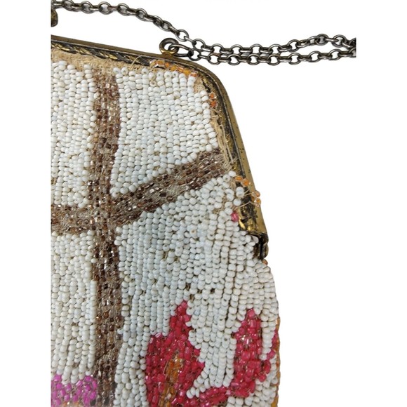 Vintage/Antique Micro Beaded Handbag With Chain Floral Rose Design - Picture 5 of 8